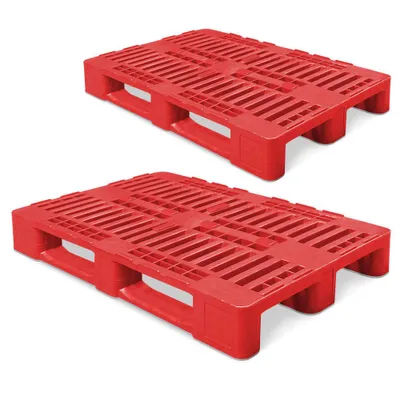 Produktbild von 2 Kunststoffpaletten im Euromaß, LxBxH 1200x800x160 mm, geschlitzt, rot