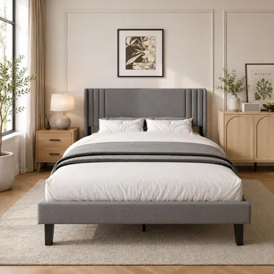 Image de INONEFT, lit rembourré 140x200 cm, lit double avec espace de rangement sous le lit, structure de lit pour adolescents avec tête de lit et sommier à lattes, sans matelas, couleur : gris lin, Image générée par une IA