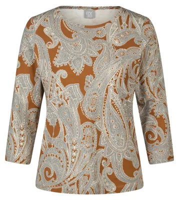 Produktbild von Rabe T-Shirt Braun Gr. 44 mit Rundhalsausschnitt, 3/4-Ärmeln und Paisley-Druck