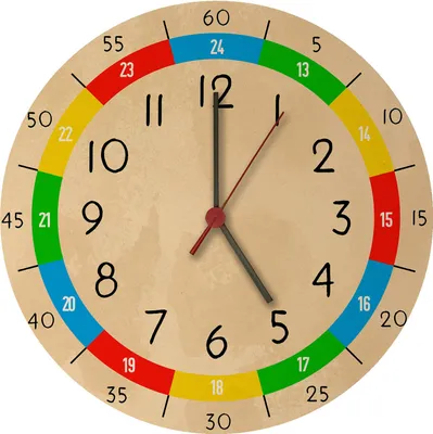 A close-up view of a children's learning clock with colorful segments and numbers.