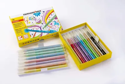 Produktbild von Eberhard Faber 551016 - Glitzer Fasermaler in Einer Geschenkbox, 16 Stück, Leuchtend, Brillante Farben, ca. 3 mm Strichstärke, stabile Spitze, zum Zeichnen, Kolorieren, Basteln und Schreiben