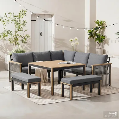 Produktbild von home24 Loungegruppe - Akazie Massiv / Polyester - Braun / Anthrazit