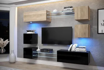 Produktbild von Furnitech Wohnwand Wohnzimmer - Wohnzimmer Möbel mit LED RGB - 16 Farben - Hängend Wohnwand Modern - Regale und TV Schrank (AN65N-21SB-HGM8)