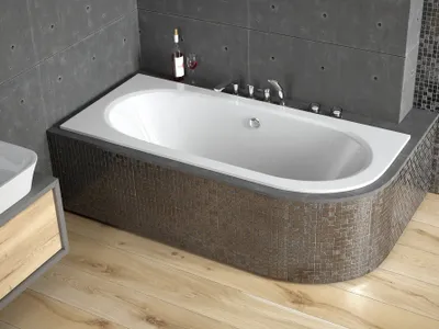 Zdjęcie produktu dla Wanna Akrylowa Zestaw 3w1 Asymetryczna 150x75 Lewa Biała, Nowoczesny Chrom Premium Syfon i Nogi (stelaż) w komplecie | BADLAND AVITA SLIM