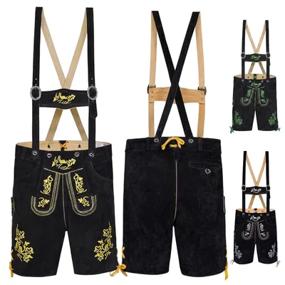 Produktbild von Kurze Trachten Lederhose mit Hosenträger Trachtenhose Schwarz mit Stickerei, Größe:54/XL, Farbe:Gelb