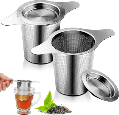 Produktbild von Teesieb, 2er-Pack (mit Deckel), 304 Edelstahl Teezubehör Teesieb mit Tropfschale und Doppelgriff, Teesieb für Tassen, Teekannen, Töpfe, Gläser