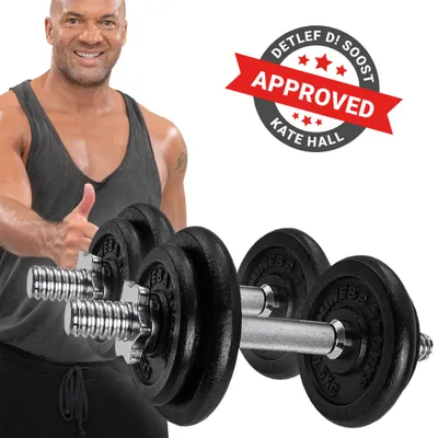 Produktbild von Miweba Sports Kurzhantel MKH110 | inkl. 15 kg Gusseisen Gewichte - Stahl Hantelstange - 4x Sternverschluss - 4x 1,25 kg - 4x 2,5 kg - Hantelpaar