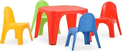 Produktbild von vidaXL Kindertisch-Stuhlset PP, Rot-Grün-Gelb-Blau, 1 Tisch 4 Stühle, Tisch 55x55x37,5cm, Stuhl 35x28x41cm, UV-beständig, rutschfeste Füße, max. Belastbarkeit Tisch 40kg Stuhl 25kg, leicht umstellbar, stabile Rückenlehnen, abgerundete Ecken, ab 10 Monaten