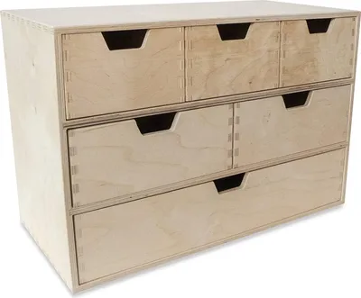 A wooden drawer unit with multiple drawers.