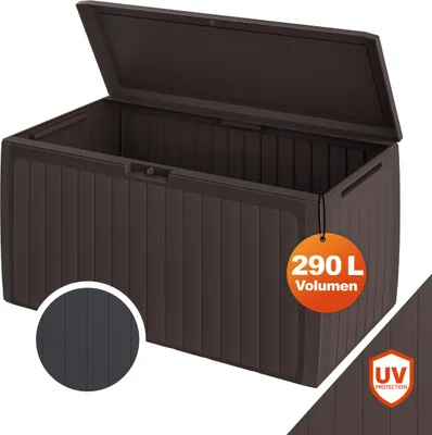A brown outdoor storage box with its lid open, shown against a white background. There are informational overlays on the box.