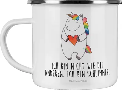 Produktbild von Mr. & Mrs. Panda Pott Einhorn Herz - Weiß - Geschenk, Einhörner, Freundin, Emaille Becher, Lustig, Teetasse, Unicorn, Kaffeepott, emaillebecher, Anders, Tasse