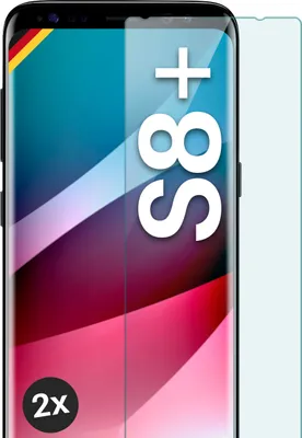 A screen protector for a Samsung Galaxy S8 Plus phone, with text overlay.