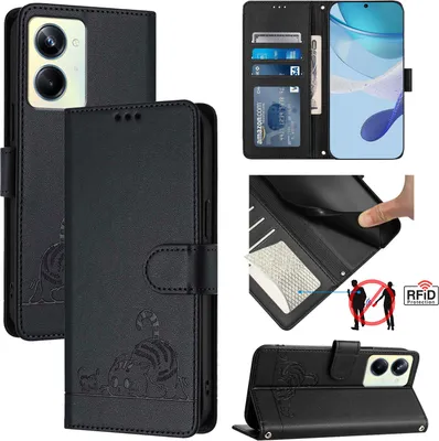 Produktbild von Leder Hülle für Realme 10 Pro 5G Süße Katze Flip Case Brieftasche Schutzhülle mit Standfunktion Schwarz