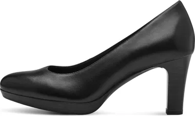 A side view of a black leather pump shoe with a platform and block heel.