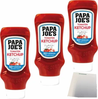 Produktbild von Edeka Papa Joe´s Tomaten Ketchup 50% wenig Zucker 3er Pack (3x500ml) + usy Block