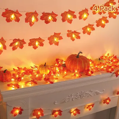 Produktbild von 4-teiliges Herbstdekor, Erntedank-Dekorationen für den Tisch zu Hause, Herbstblätter-Girlande, Lichterkette, 12 m, 80 LEDs, Halloween-Dekorationen für drinnen und draußen, Herbst-Dekoration für Zuhause, Zimmerdekoration, Herbsternte, Party, Hochzeitsdekoration
