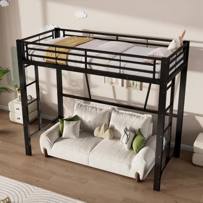 Produktbild von Metall Hochbett Schwarz mit Doppel-Leiter, Stauraum, Einzelbett für Kinder & Jugend, Offene Raumgestaltung unter dem Bett, Ohne Matratze, Schwarz, 90x200 cm