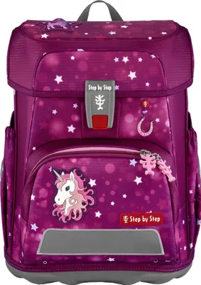A purple backpack with a unicorn design and stars.
