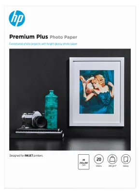 Zdjęcie produktu dla HP Papier fotograficzny Premium Plus, błyszczący – 20 arkuszy/A4/210 x 297 mm, Połysk, 300 g/m², Laser/Atrament, 20 ark., Biznes, Enterprise, 15 - 35 °C