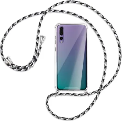 Produktbild von Handykette Backcover-Schutzhülle mit Band (Metall silberfarben) für Huawei P20 Pro - schwarz/grau/weiß