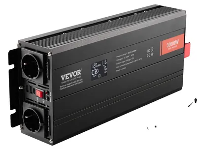 Obrázek produktu pro Měnič VEVOR s čistou sinusovkou 3000 W DC12V AC 230 V měnič napětí 2 zásuvky AC 2 porty USB 1 port typu C LCD displej a dálkové ovládání pro velké domácí spotřebiče