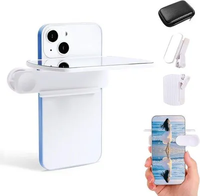 Produktbild von Verstelbare spiegelclip für Smartphone-Kamera, weiß, mit Reflektorschutz, für Selbstauslösung.
