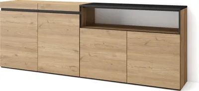 Image de COZY Buffet salon et cuisine, 200x35x75cm, 4 Portes, Meuble chaussure, Chêne et noir