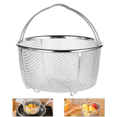 A stainless steel mesh basket with a handle, shown in isolation and in two smaller inset images demonstrating its use for cooking.