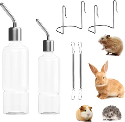Imagen del producto de Botellas para pequeños animales, de 180 ml y 350 ml, con soporte y cepillo de limpieza, para conejos y