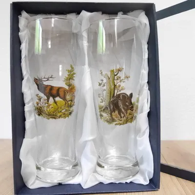 2 Weizengläser mit Wildschwein & Hirsch Motiv, 500 ml, Geschenkbox