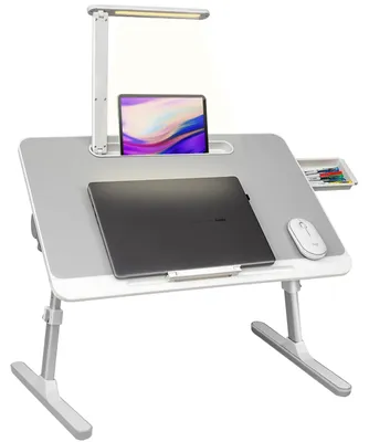 Obrázok produktu pre Stôl na laptop s LED lampou a zásuvkou - nastaviteľný, biely