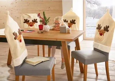 Produktbild von 4 Stück Stuhlhusse Nikolausmütze Stickerei-Elch Husse Stuhl Nikolaus Weihnachten Weihnachtsmann Husse Dek