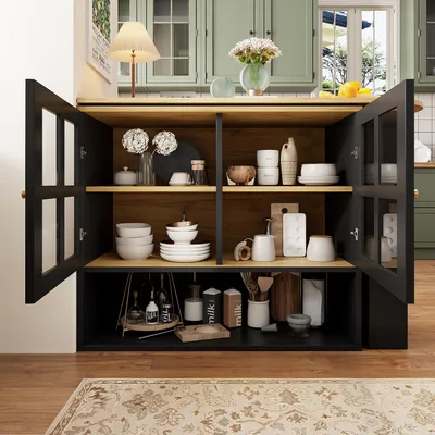 Immagine prodotto di Isola da cucina girevole a 360 gradi, utilizzabile come bancone, estendibile da 138 a 204 cm, colore nero, realizzata in MDF, con ante in vetro temperato e ripiano snack