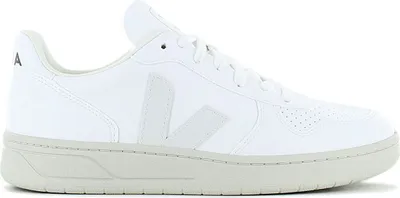 A white Veja V-10 sneaker with a gray sole and a gray V logo on the side.