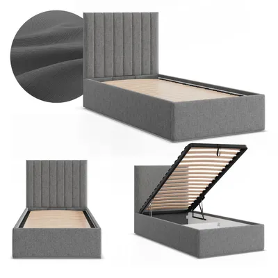 Produktbild von Polsterbett POLLA 90x200 mit Bettkasten und hochklappbarem Metall-Lattenrost, Einzelbett mit Kopfteil Dunkelgrau Geflecht