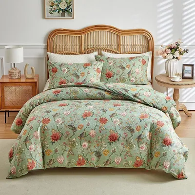 Produktbild von Bettwäsche Set 200x200 cm mit Reißverschluss – Grün Blumenmuster Mikrofaser 3-teilig
