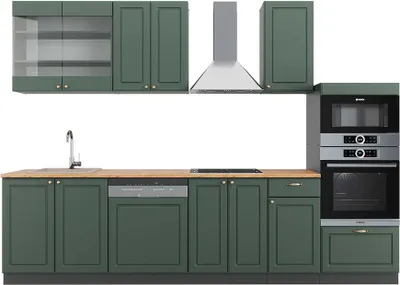 Produktbild von Küchenzeile Vicco Fame-Line Grün-Gold Landhaus/Anthrazit 300 cm mit Hochschrank, AP Eiche, Model 42668