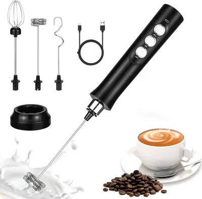 Produktbild von Milchaufschäumer, USB Elektro-Milchaufschäumer mit 3 Rührköpfen, Handmixer für Matcha、Latte、Cappuccino、Eiskaffee und heiße Schokolade, Milchschaumbar