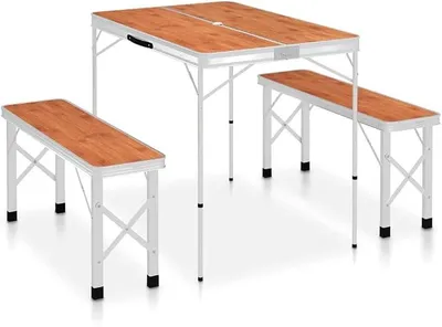 Imagen del producto de Mesa plegable para camping, de aluminio y MDF, con 2 bancos