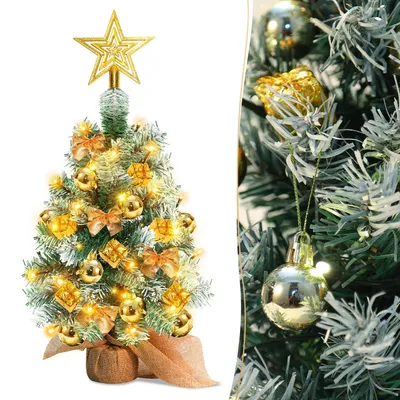 Zdjęcie produktu dla Miniaturowa choinka świąteczna ISOISL, 40 cm, złota, z 30 diodami LED, 50 gałęziami, drewnianą podstawą, ozdobiona gwiazdą, bombkami, kokardkami oraz pudełkami prezentów