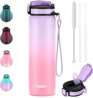 Productafbeelding van Drinkfles 700 ml van roestvrij staal - Lekvrij en BPA-vrij, thermosfles met rietje voor kinderen en sport