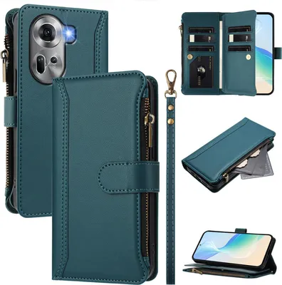 Immagine prodotto di Custodia per Oppo Reno11, con cerniera, portafoglio Custodia flip in Finto cuoio con tasche per carte, supporto e passante per mano verde
