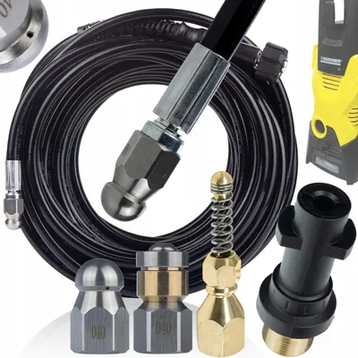 Produktbild von Reinigungsset Kanalisation 3in1 – Hochdruckschlauch 20m M22 | Adapter Bajonett | 3 Düsen Edelstahl Messing | kompatibel mit Kärcher K2-K7 bis 180 bar