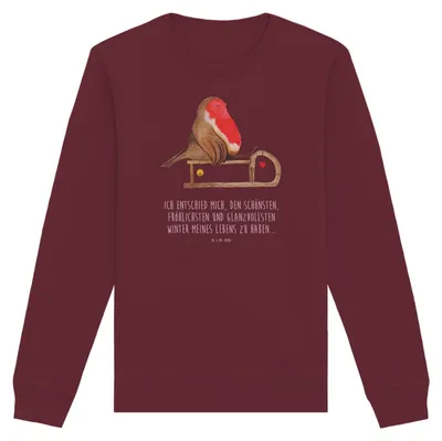 Produktbild von Mr. & Mrs. Panda Baumwoll Pullover Rotkehlchen Schlitten Größe XL - Burgundy - Geschenk, Sweatshirt, Weihnachten, Vogel, Bio-Pulli, Pulli, Sweater, Bio