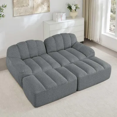 Produktbild von AIORBER Modulares 2-Sitzer Sofa mit 2 Ottomans, Boneless Design, 32D Hochdichtschaum, rutschfest, weicher Fleece-Bezug, Grau