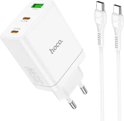 A white Hoco N33 35W charger and two white USB-C cables are displayed against a white background.