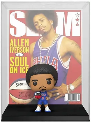 A Funko Pop! figure of Allen Iverson in front of a magazine cover featuring him.