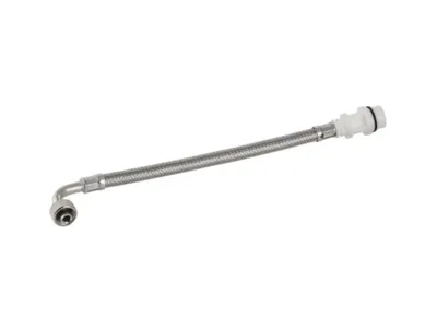 A flexible hose with metal braiding and connectors on both ends, presented on a white background.