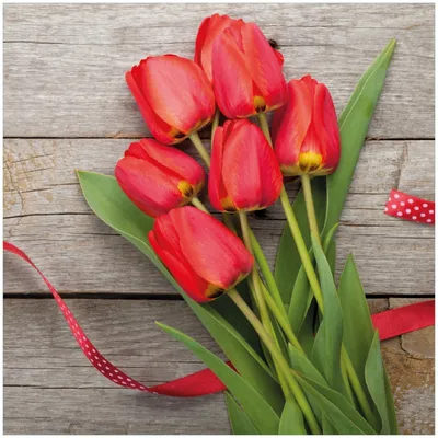 Produktbild von Wallario Premium Glasbild, freischwebende Optik, kräftige Farben, Größe 30 x 30 cm Motiv Rote Tulpen auf einem alten Holztisch