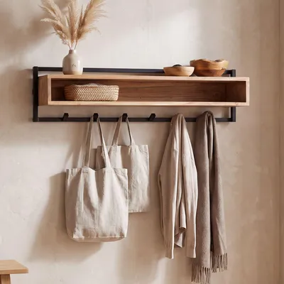 Produktbild von FineBuy Wandgarderobe Akazie Massivholz 90cm mit Ablage Modernes Garderobenpaneel Hängegarderobe mit 6 Haken Garderobenleiste Flurgarderobe Handmade